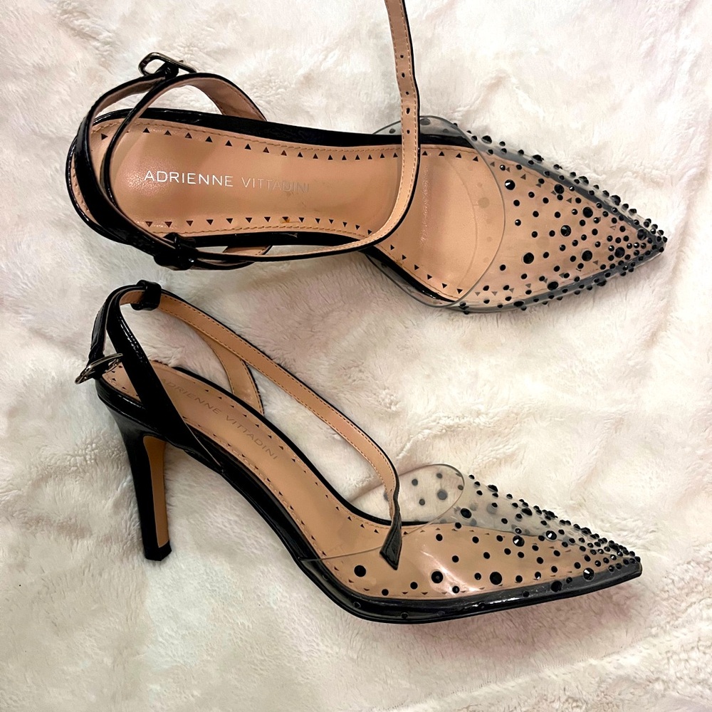 Clear inspired w/ black jewels, ankle strap, heel